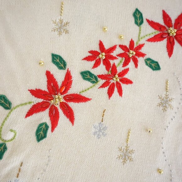 Vintage Holiday Edition Cream Gold Poinsettia Embroidered Christmas Sweater 3X - Picture 9 of 13